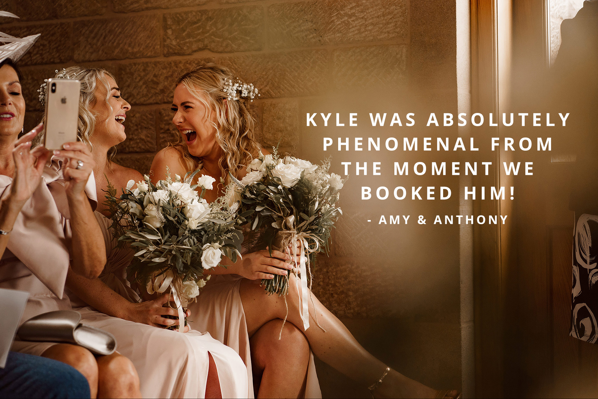 Bridesmaids laughing with each other during the wedding ceremony