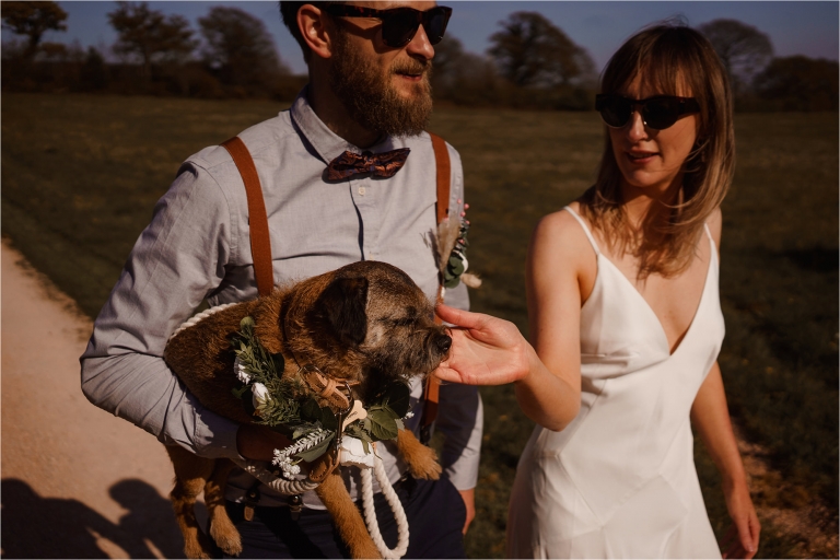 Groom holding dog while Bride strokes dogs chin