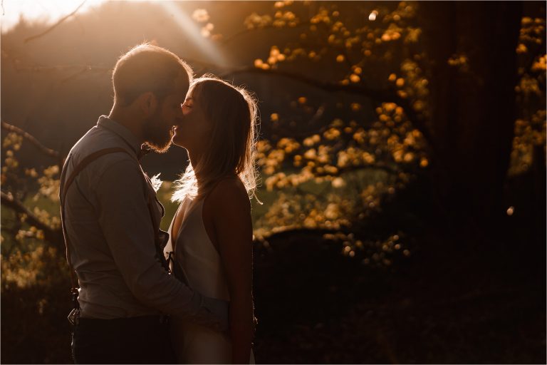 Bride and Groom kissing at golden hour