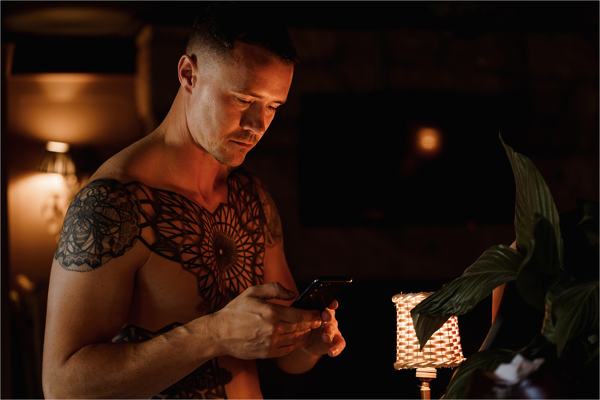 Groom without a shirt on