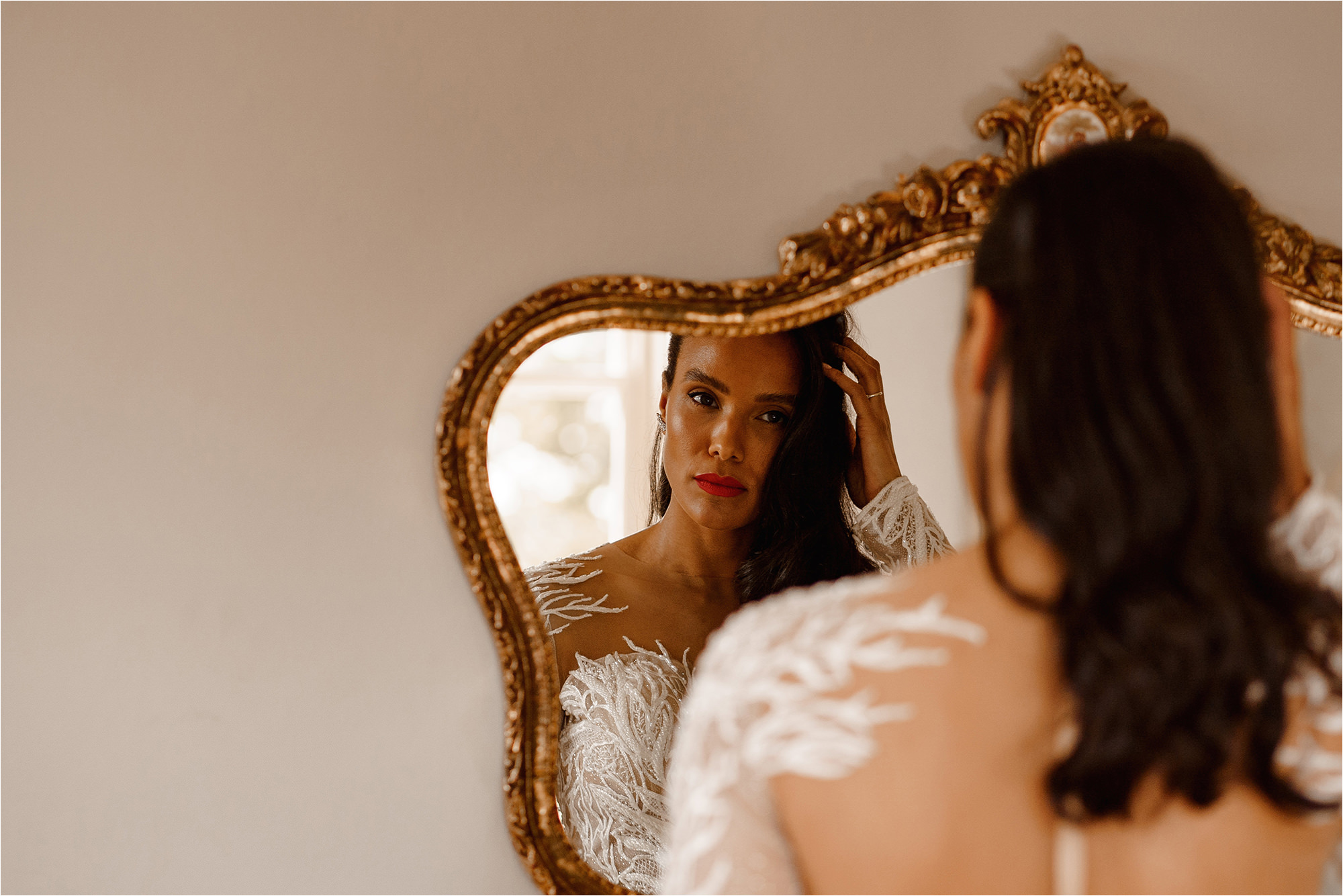 Bride looking in the mirror